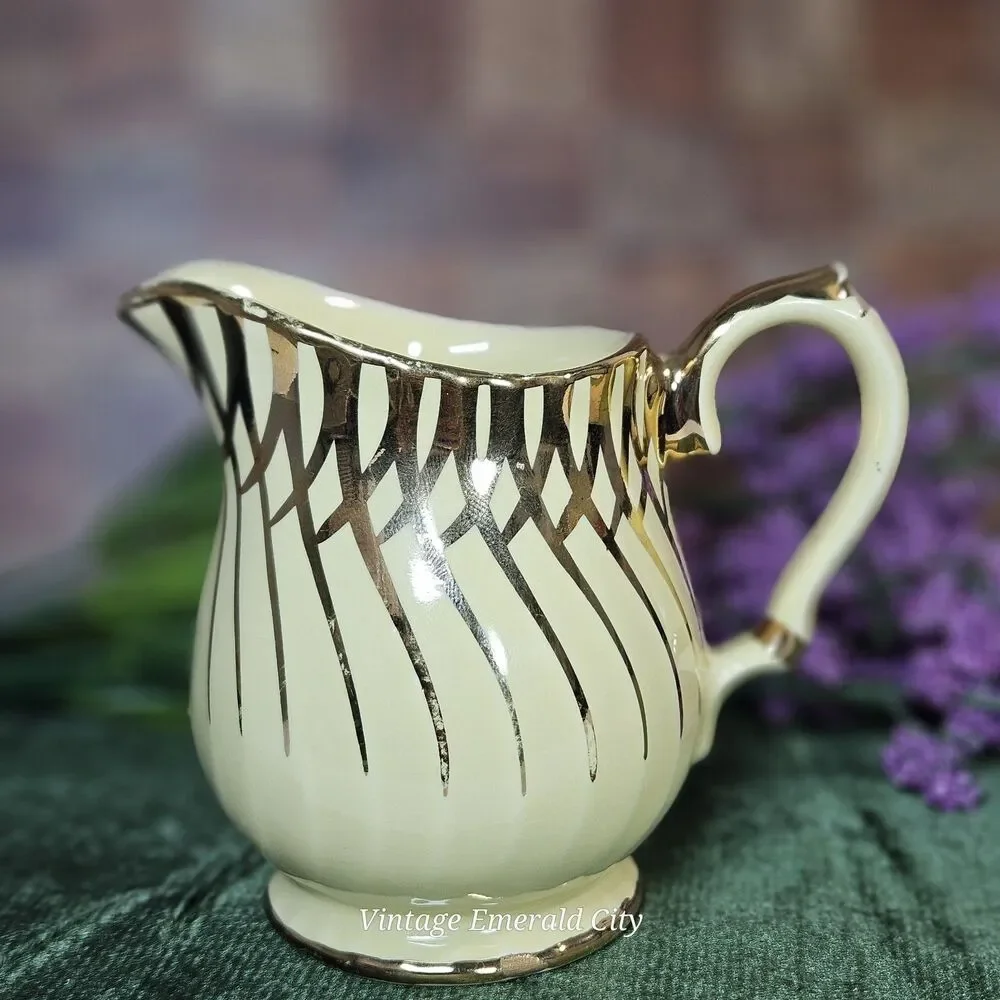 Vtg Sadler China England Milk Creamer Pitcher Yellow & 14K Gold Rim Swirl 1950